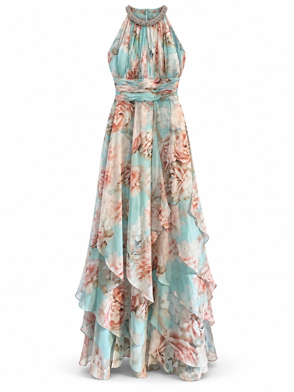 Calvin Klein Aqua and Blush Floral High-Low Halter Gown